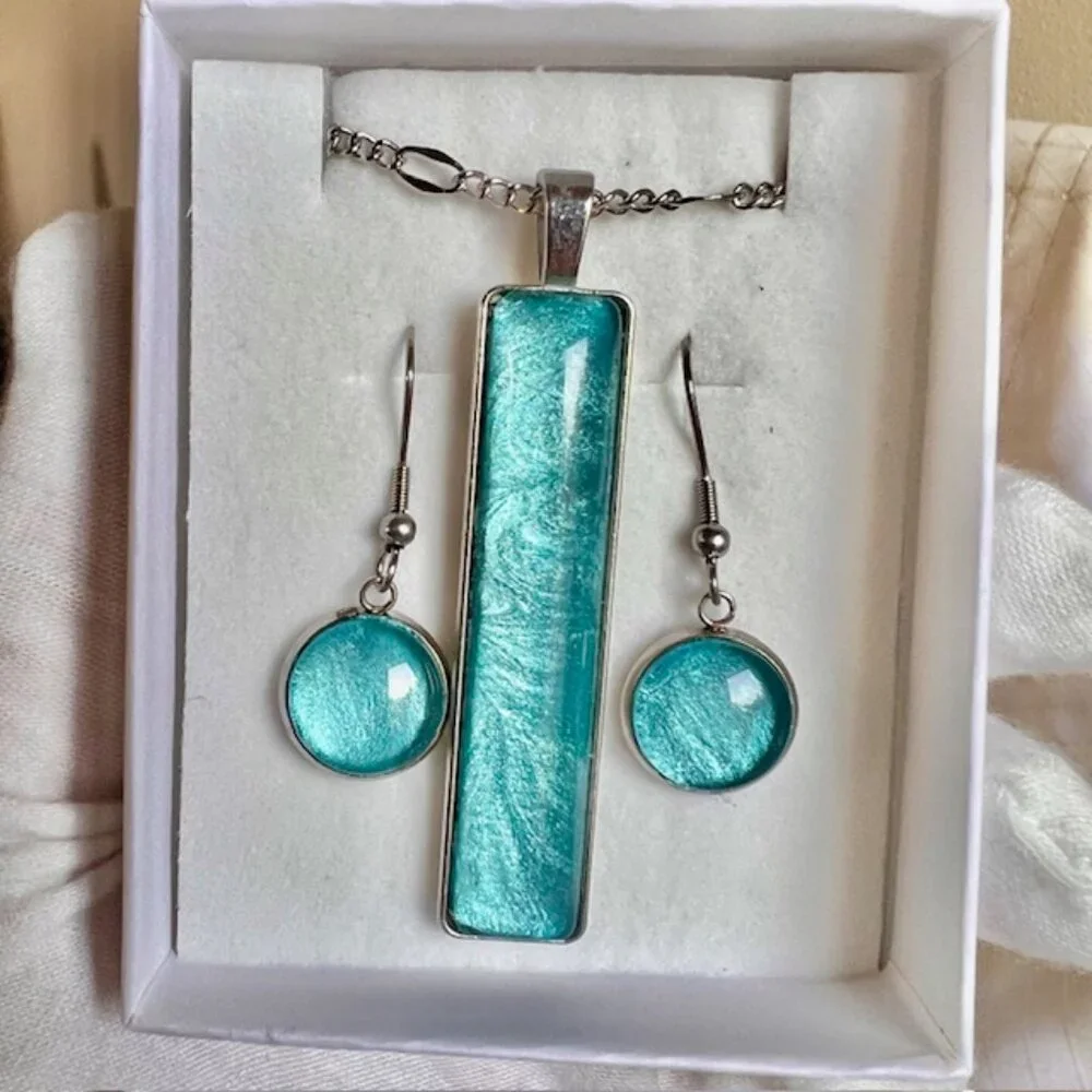 Blue Necklace & Earring Gift Set, Handmade Blue Jewelry, Stainless Steel, Glass - Picture 5 of 9